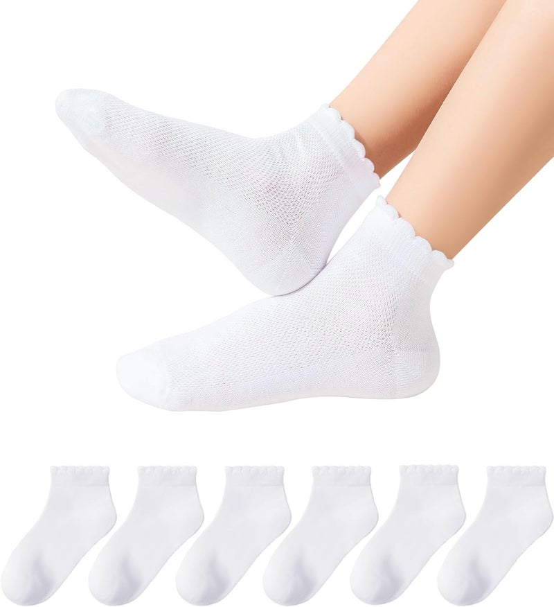 Funjoon Girls White Ruffle Socks School Uniform Kids Cotton Crew Ankle Cute Frilly Dress Socks 6 Pack - Image 1